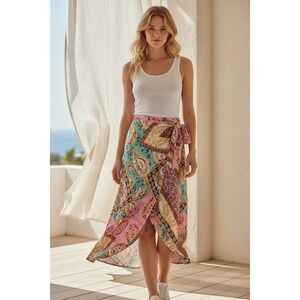 Scarf Print Wrap Skirt M Boho Midi Tie Waist Resort Vacation Coastal Feminine
